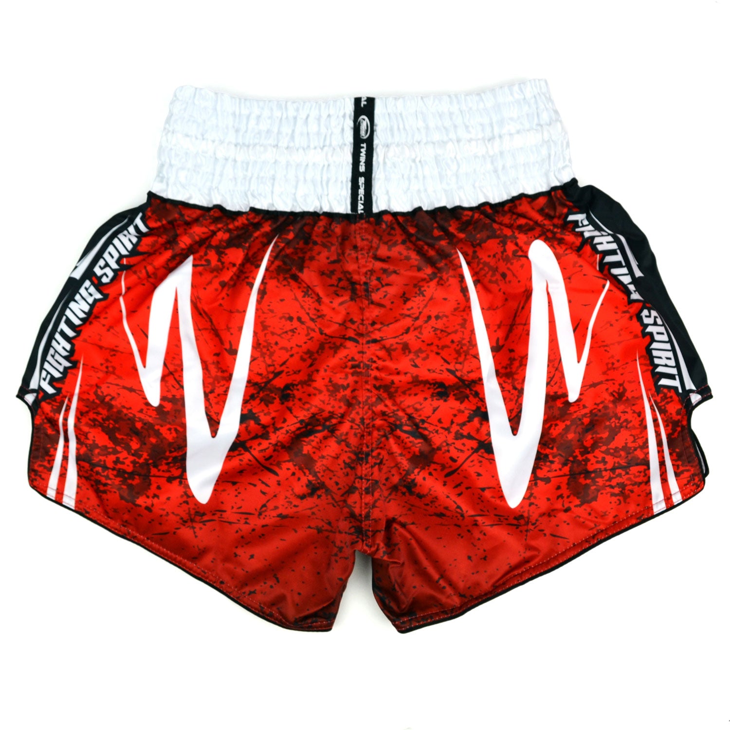 Red and black Twins Special boxing shorts on a white background