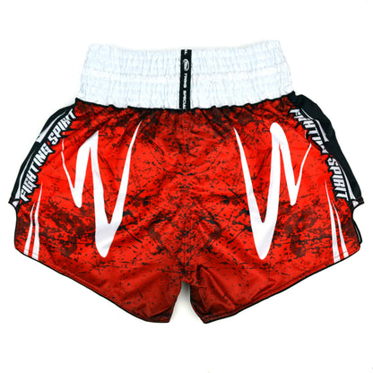 Red and black Twins Special boxing shorts on a white background