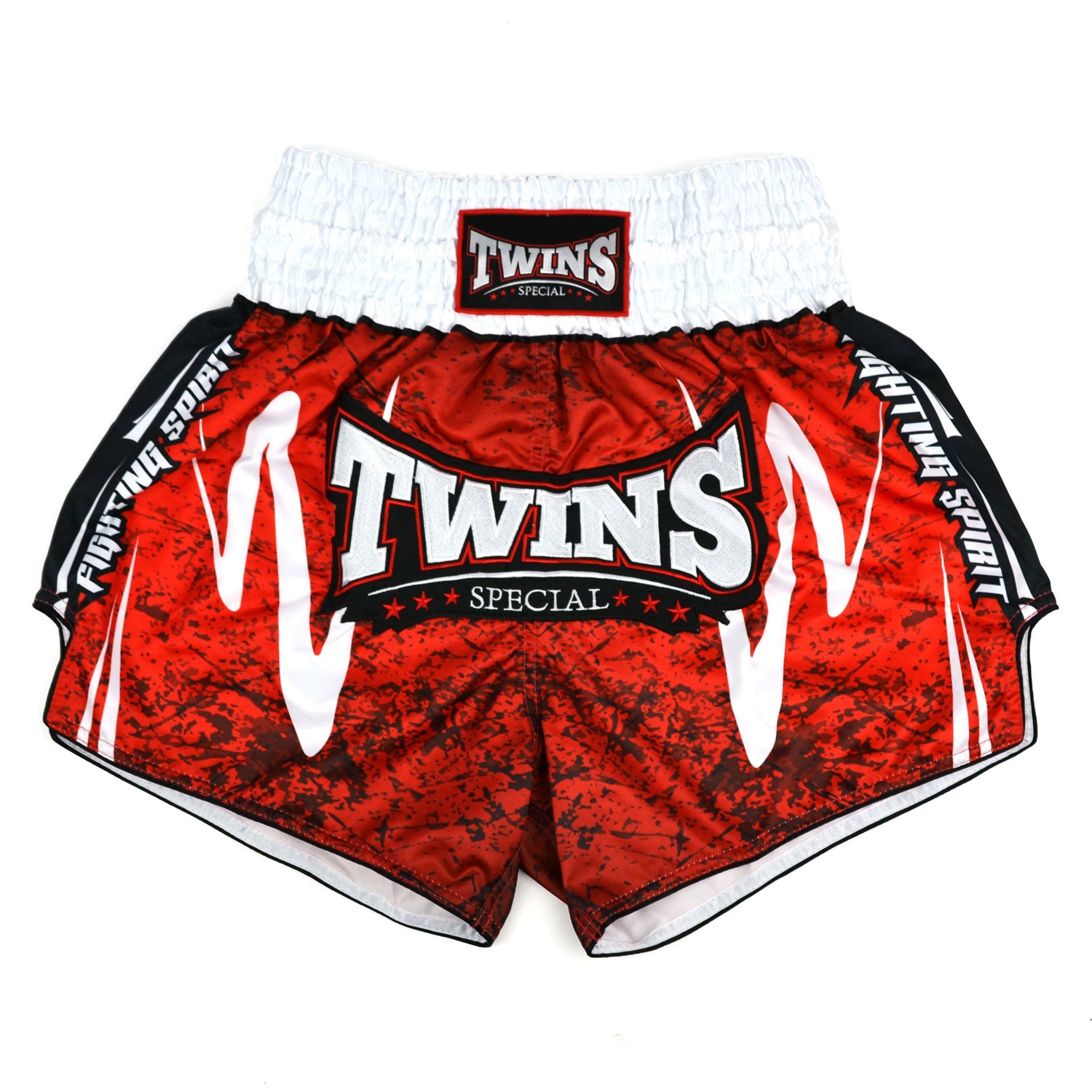 Red and black Twins Special boxing shorts on a white background