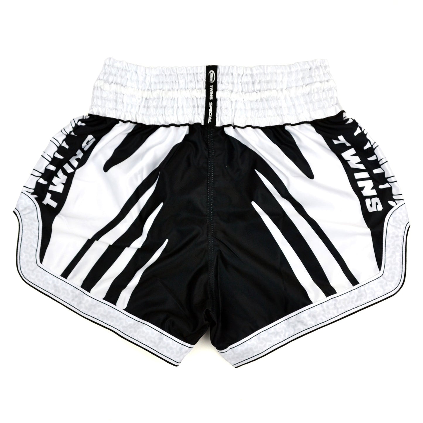 Black and white boxing shorts with 'Twins Special' branding on a white background