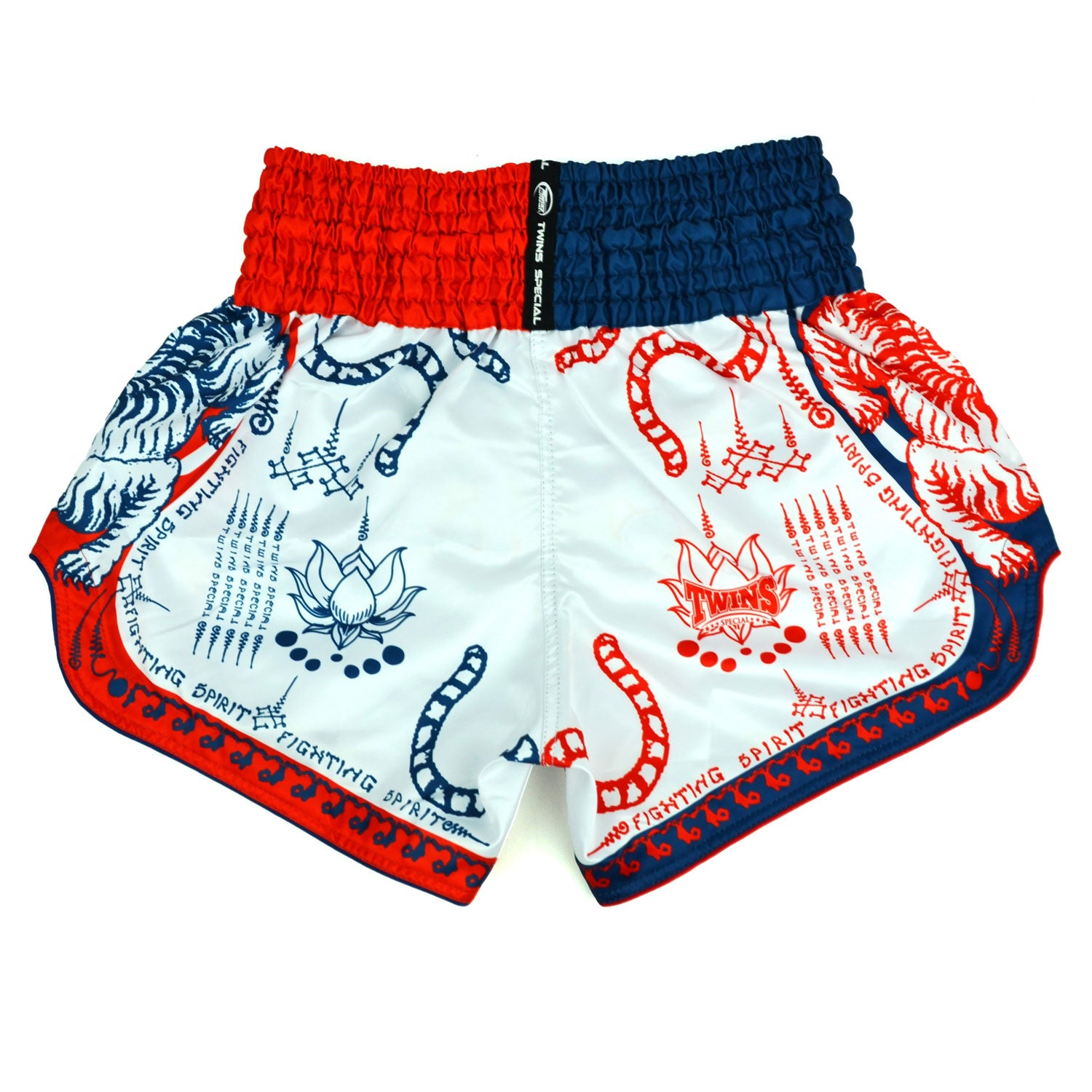 White boxing shorts with red and blue accents featuring Twins Special branding on a white background.