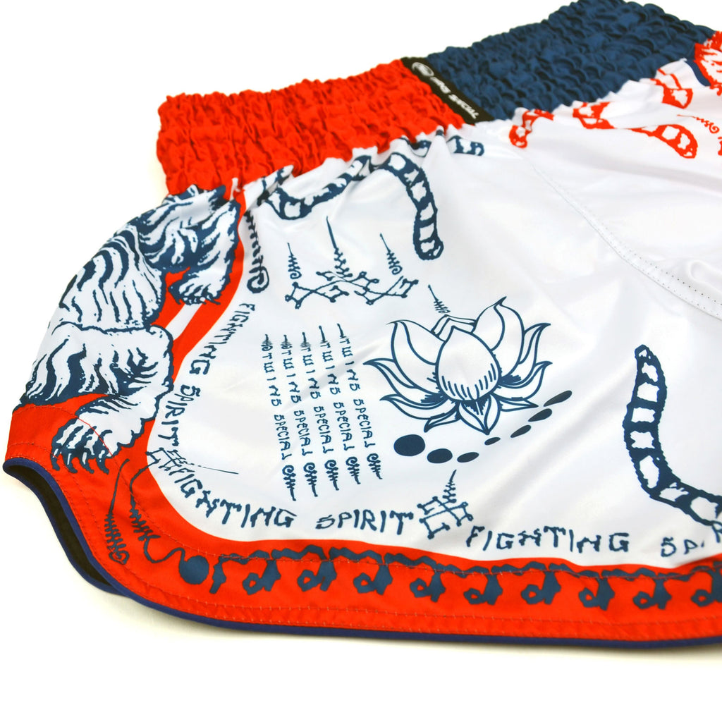 White boxing shorts with red and blue accents featuring Twins Special branding on a white background.