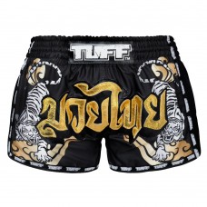 MRS301 TUFF Muay Thai Shorts Retro Style Black Double Tiger With Gold Text