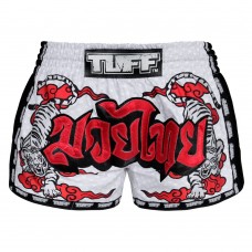 MRS301 TUFF Muay Thai Shorts Retro Style White Double Tiger With Red Text