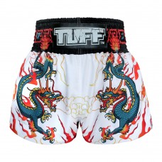 MS622 TUFF Muay Thai Shorts White With Blue Dragon